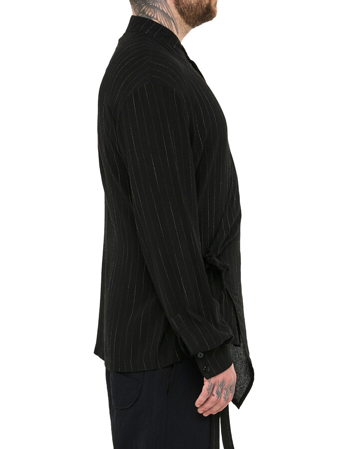 LA HAINE INSIDE US PINSTRIPE MANDARIN SHIRT WITH DRAPE PANEL