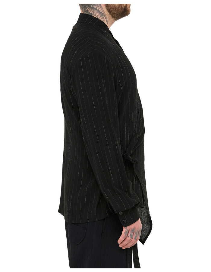 LA HAINE INSIDE US PINSTRIPE MANDARIN SHIRT WITH DRAPE PANEL