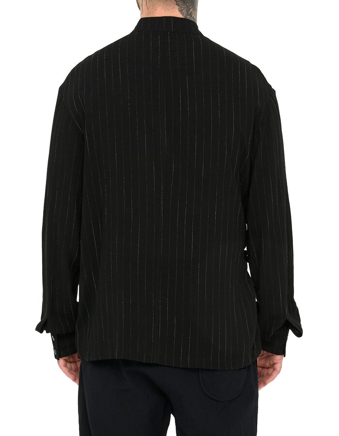 LA HAINE INSIDE US PINSTRIPE MANDARIN SHIRT WITH DRAPE PANEL