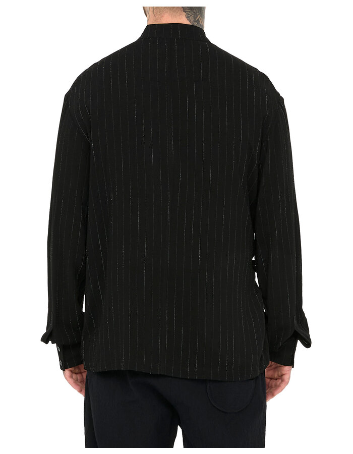 LA HAINE INSIDE US PINSTRIPE MANDARIN SHIRT WITH DRAPE PANEL