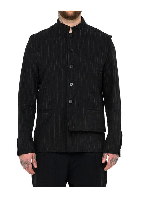 LA HAINE INSIDE US COTTON LINEN PINSTRIPE MANDARIN JACKET W/ HALF VEST