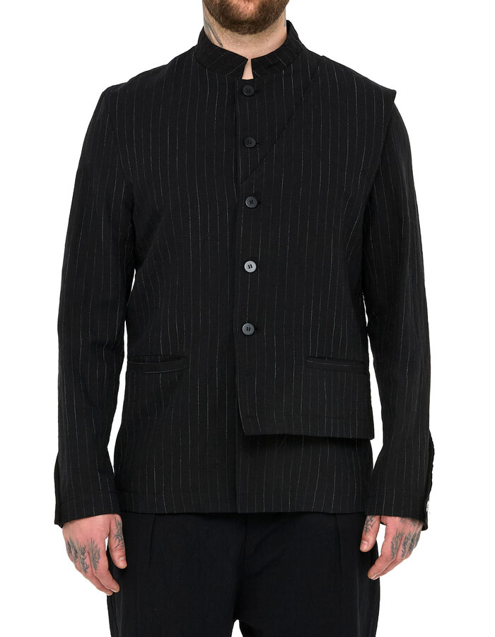 LA HAINE INSIDE US COTTON LINEN PINSTRIPE MANDARIN JACKET W/ HALF VEST