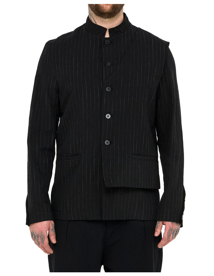 LA HAINE INSIDE US COTTON LINEN PINSTRIPE MANDARIN JACKET W/ HALF VEST