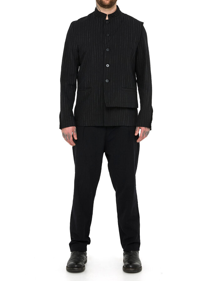 LA HAINE INSIDE US COTTON LINEN PINSTRIPE MANDARIN JACKET W/ HALF VEST