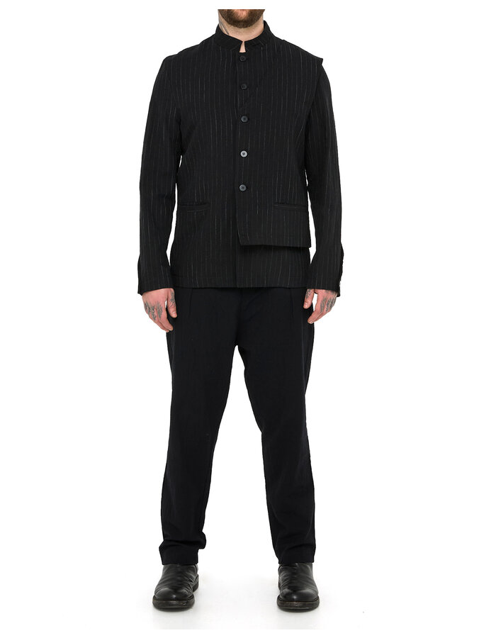 LA HAINE INSIDE US COTTON LINEN PINSTRIPE MANDARIN JACKET W/ HALF VEST
