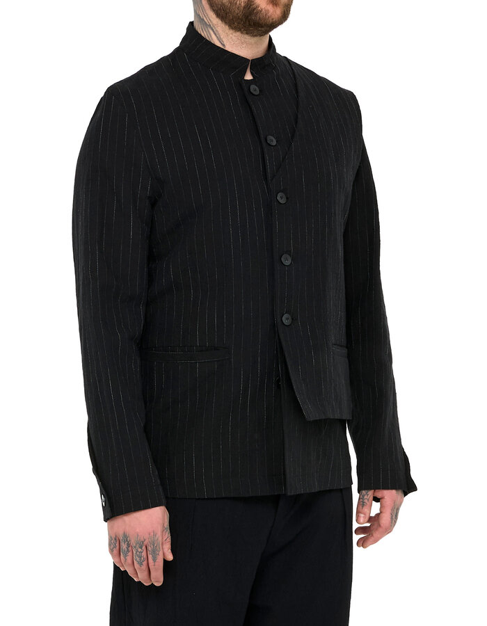 LA HAINE INSIDE US COTTON LINEN PINSTRIPE MANDARIN JACKET W/ HALF VEST
