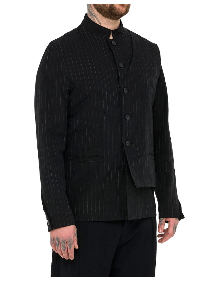 LA HAINE INSIDE US COTTON LINEN PINSTRIPE MANDARIN JACKET W/ HALF VEST