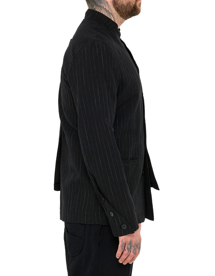 LA HAINE INSIDE US COTTON LINEN PINSTRIPE MANDARIN JACKET W/ HALF VEST