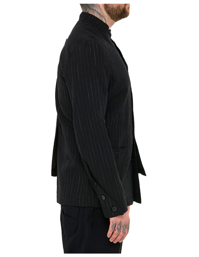 LA HAINE INSIDE US COTTON LINEN PINSTRIPE MANDARIN JACKET W/ HALF VEST