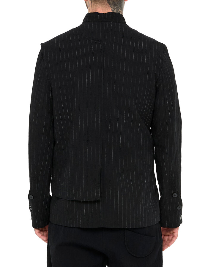 LA HAINE INSIDE US COTTON LINEN PINSTRIPE MANDARIN JACKET W/ HALF VEST