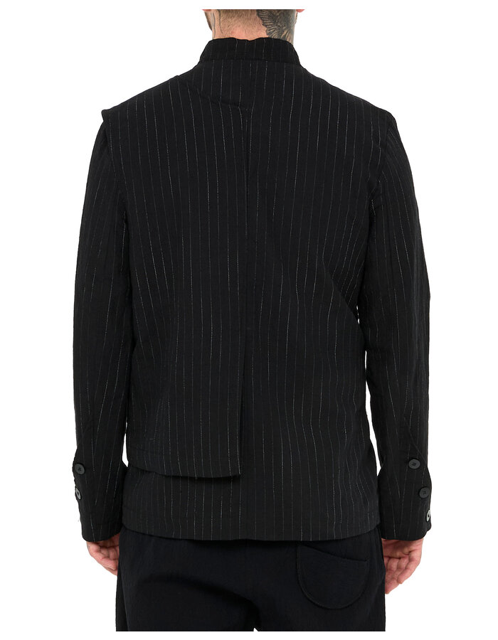 LA HAINE INSIDE US COTTON LINEN PINSTRIPE MANDARIN JACKET W/ HALF VEST