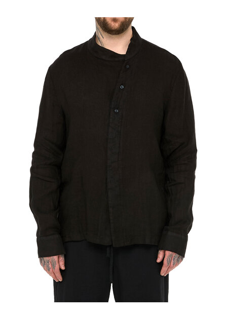 LA HAINE INSIDE US ASYMMETRIC MOCK NECK LINEN SHIRT - BLACK