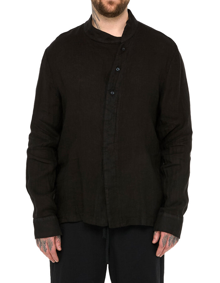 LA HAINE INSIDE US ASYMMETRIC MOCK NECK LINEN SHIRT - BLACK