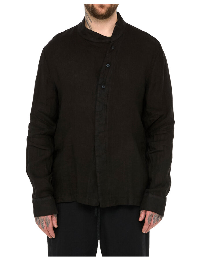 LA HAINE INSIDE US ASYMMETRIC MOCK NECK LINEN SHIRT - BLACK