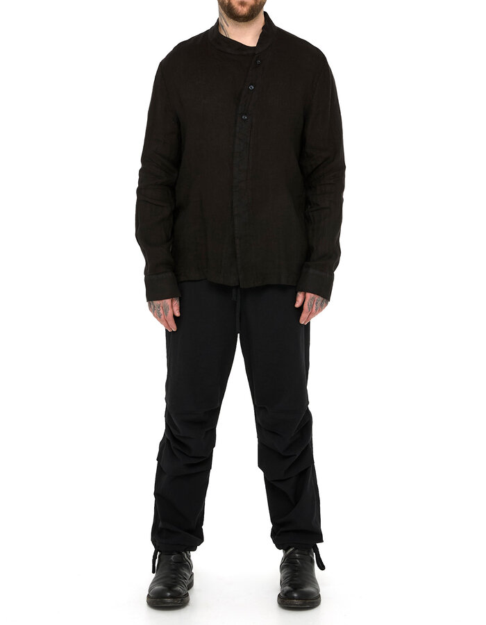 LA HAINE INSIDE US ASYMMETRIC MOCK NECK LINEN SHIRT - BLACK