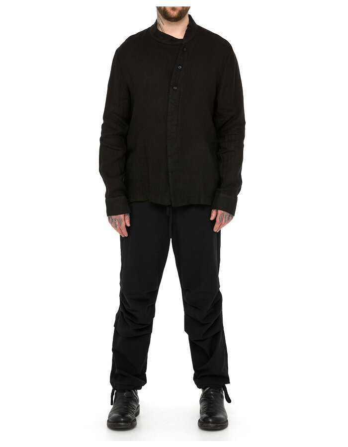 LA HAINE INSIDE US ASYMMETRIC MOCK NECK LINEN SHIRT - BLACK