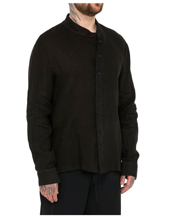 LA HAINE INSIDE US ASYMMETRIC MOCK NECK LINEN SHIRT - BLACK