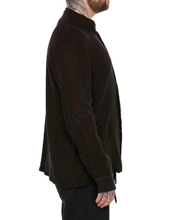 LA HAINE INSIDE US ASYMMETRIC MOCK NECK LINEN SHIRT - BLACK