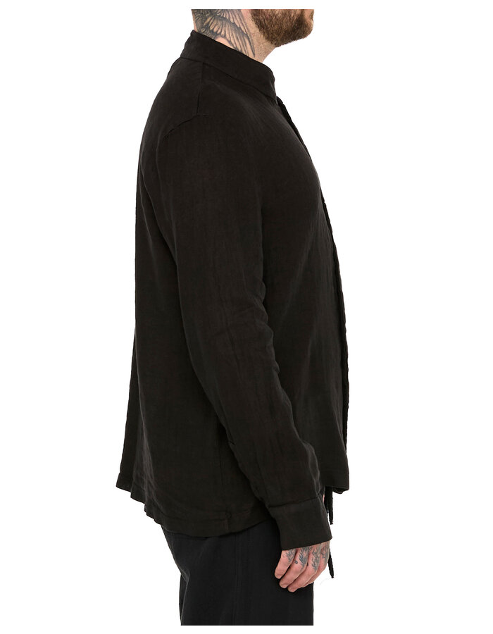 LA HAINE INSIDE US ASYMMETRIC MOCK NECK LINEN SHIRT - BLACK