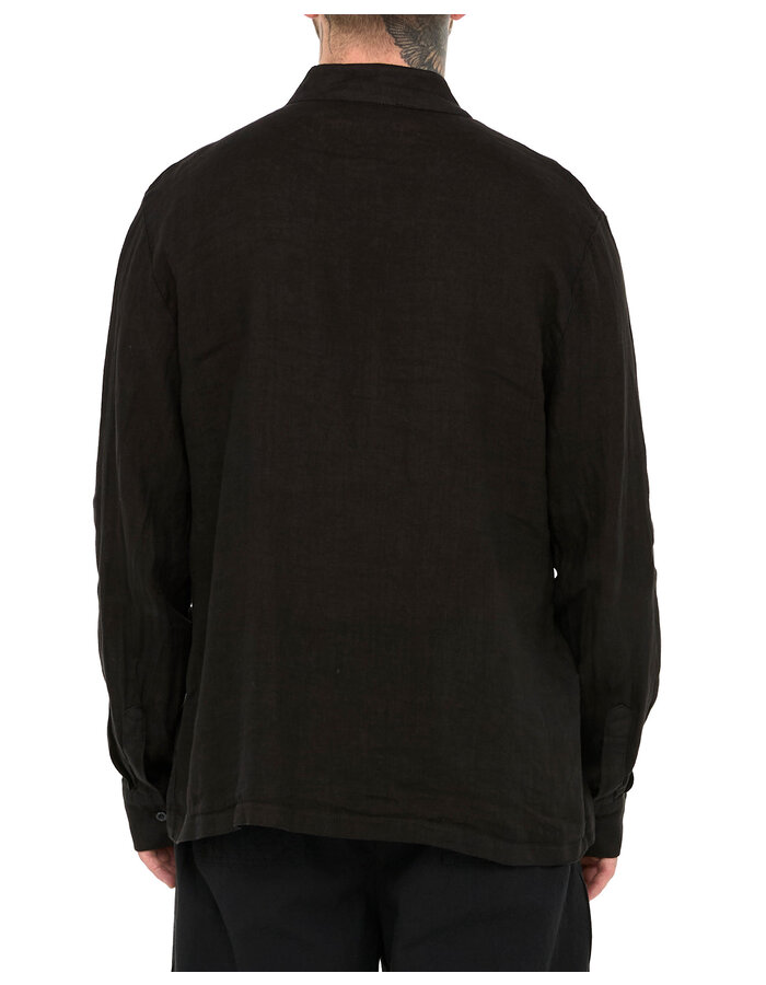 LA HAINE INSIDE US ASYMMETRIC MOCK NECK LINEN SHIRT - BLACK
