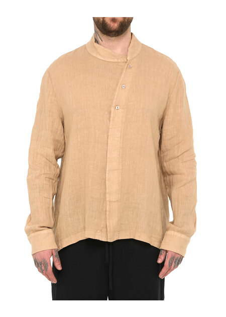 LA HAINE INSIDE US ASYMMETRIC MOCK NECK LINEN SHIRT - BEIGE
