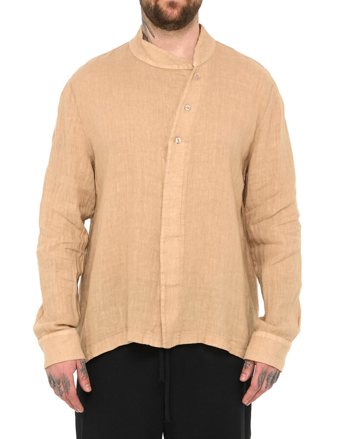 LA HAINE INSIDE US ASYMMETRIC MOCK NECK LINEN SHIRT - BEIGE