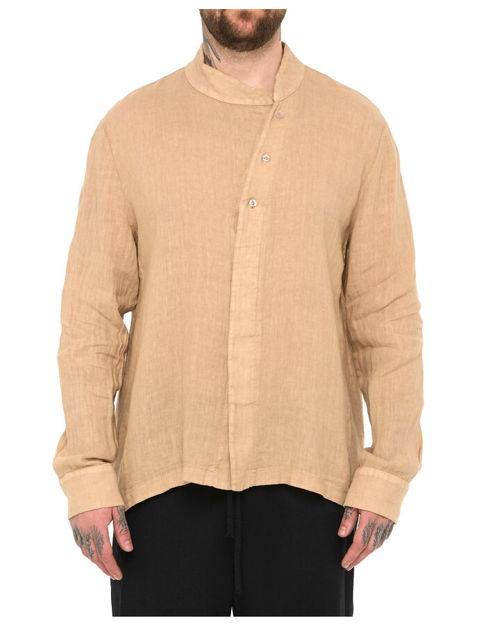 LA HAINE INSIDE US ASYMMETRIC MOCK NECK LINEN SHIRT - BEIGE