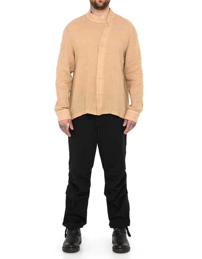 LA HAINE INSIDE US ASYMMETRIC MOCK NECK LINEN SHIRT - BEIGE