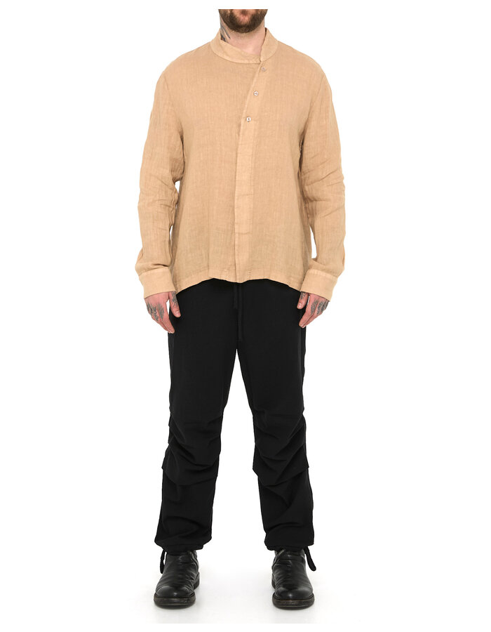 LA HAINE INSIDE US ASYMMETRIC MOCK NECK LINEN SHIRT - BEIGE