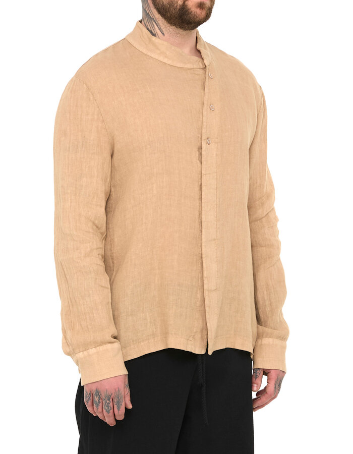 LA HAINE INSIDE US ASYMMETRIC MOCK NECK LINEN SHIRT - BEIGE