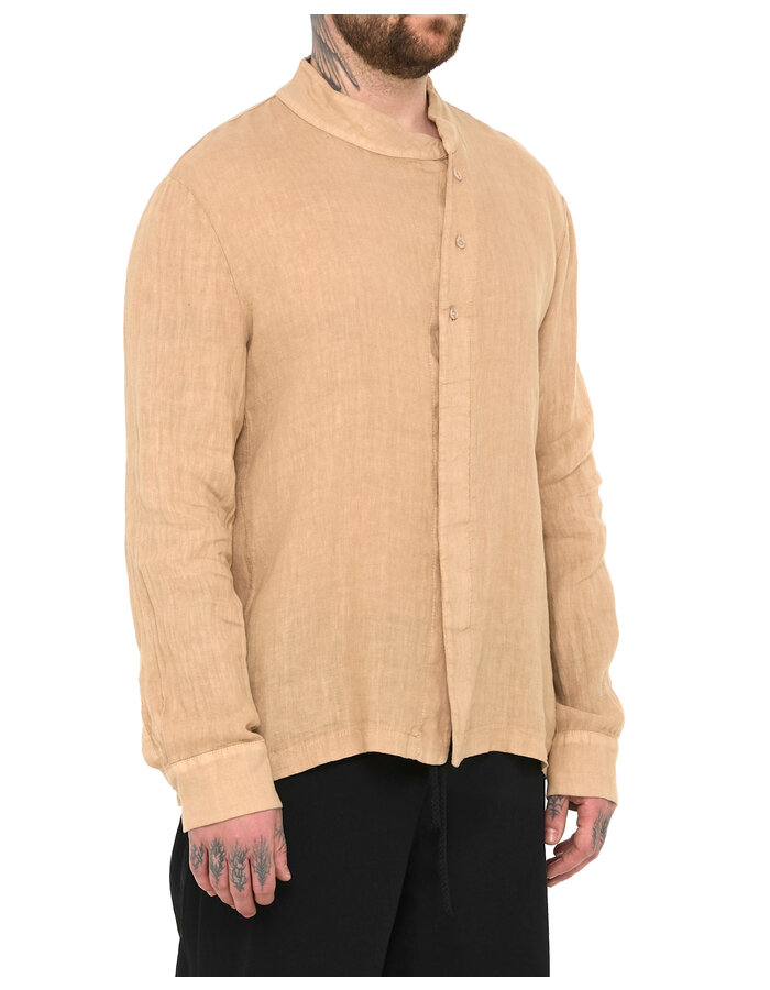 LA HAINE INSIDE US ASYMMETRIC MOCK NECK LINEN SHIRT - BEIGE