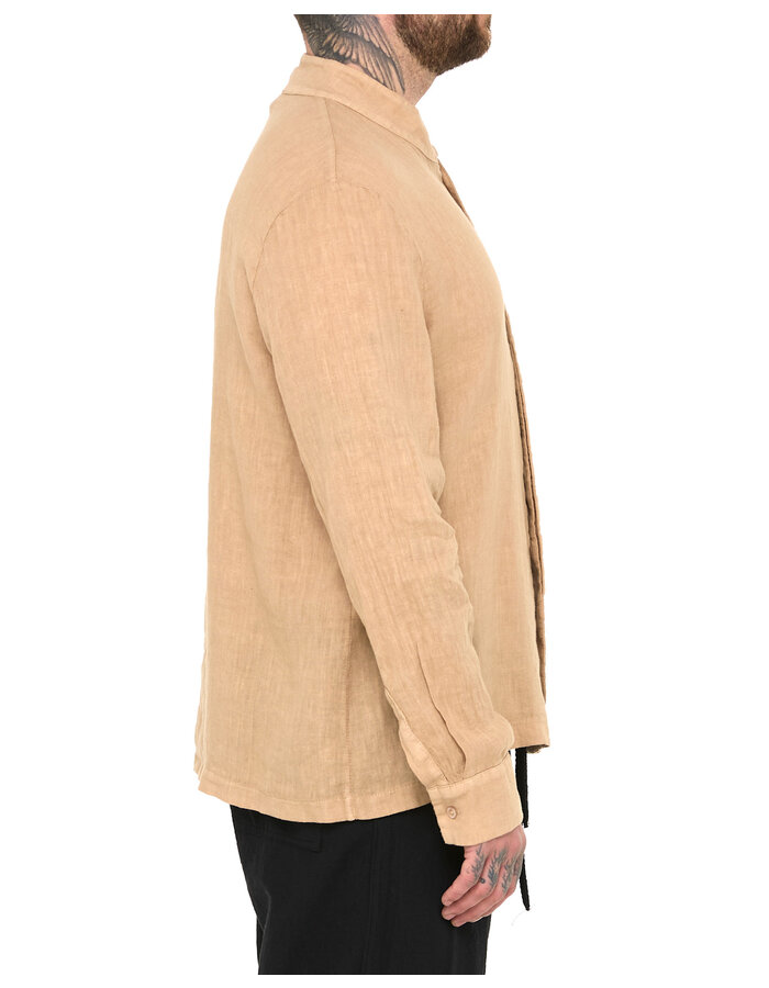 LA HAINE INSIDE US ASYMMETRIC MOCK NECK LINEN SHIRT - BEIGE