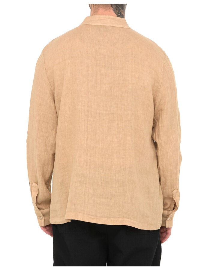 LA HAINE INSIDE US ASYMMETRIC MOCK NECK LINEN SHIRT - BEIGE