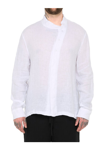 LA HAINE INSIDE US ASYMMETRIC MOCK NECK LINEN SHIRT - WHITE