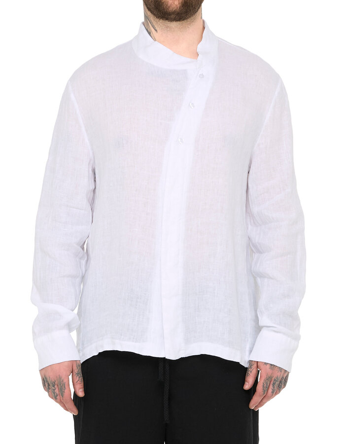 LA HAINE INSIDE US ASYMMETRIC MOCK NECK LINEN SHIRT - WHITE