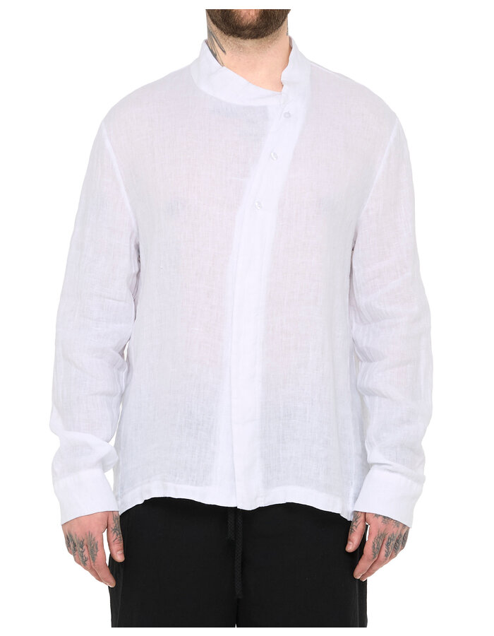 LA HAINE INSIDE US ASYMMETRIC MOCK NECK LINEN SHIRT - WHITE