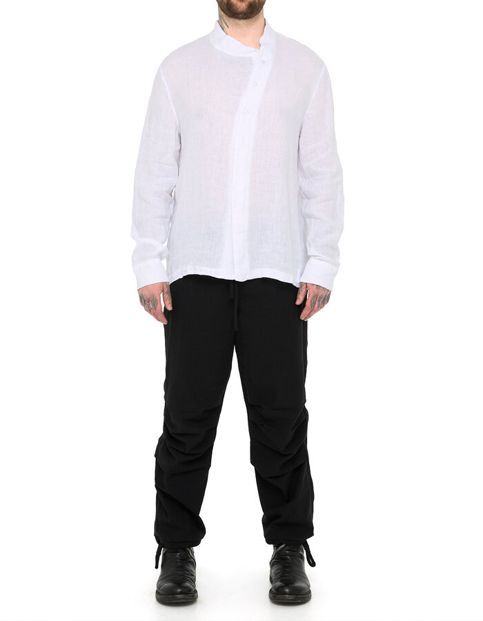 LA HAINE INSIDE US ASYMMETRIC MOCK NECK LINEN SHIRT - WHITE
