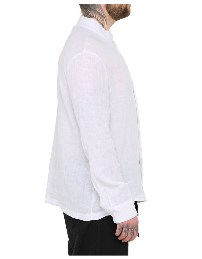 LA HAINE INSIDE US ASYMMETRIC MOCK NECK LINEN SHIRT - WHITE