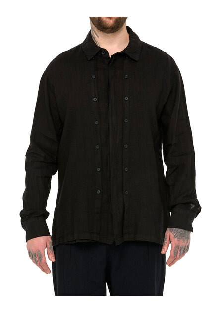 LA HAINE INSIDE US TRIPLE PLACKET LINEN SHIRT - BLACK