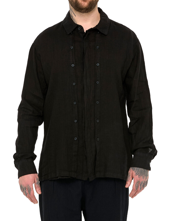 LA HAINE INSIDE US TRIPLE PLACKET LINEN SHIRT - BLACK