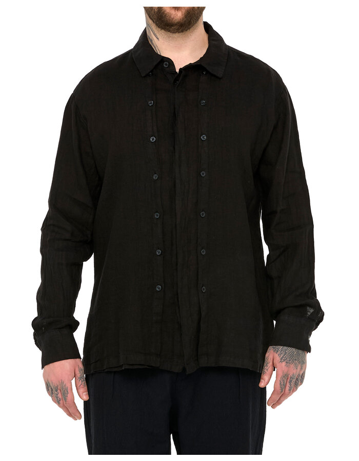 LA HAINE INSIDE US TRIPLE PLACKET LINEN SHIRT - BLACK