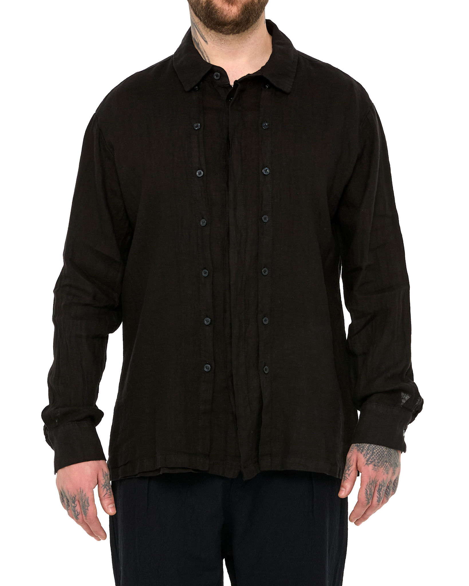 TRIPLE PLACKET LINEN SHIRT - BLACK
