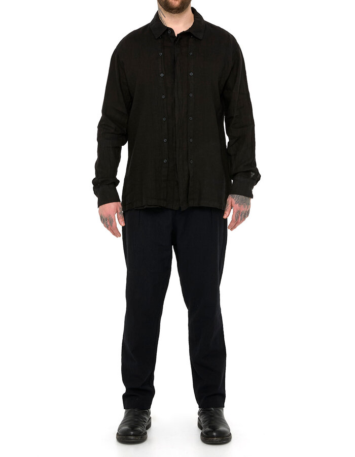 LA HAINE INSIDE US TRIPLE PLACKET LINEN SHIRT - BLACK