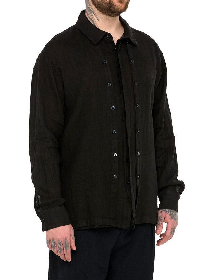 LA HAINE INSIDE US TRIPLE PLACKET LINEN SHIRT - BLACK