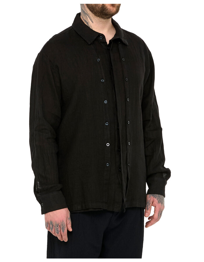 LA HAINE INSIDE US TRIPLE PLACKET LINEN SHIRT - BLACK