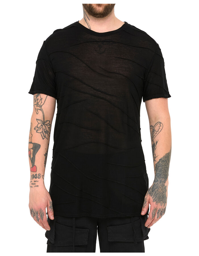 LA HAINE INSIDE US VISCOSE PLISSE DETAIL T-SHIRT - BLACK