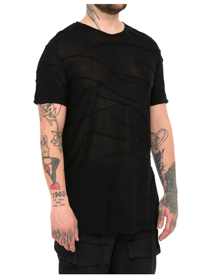 LA HAINE INSIDE US VISCOSE PLISSE DETAIL T-SHIRT - BLACK