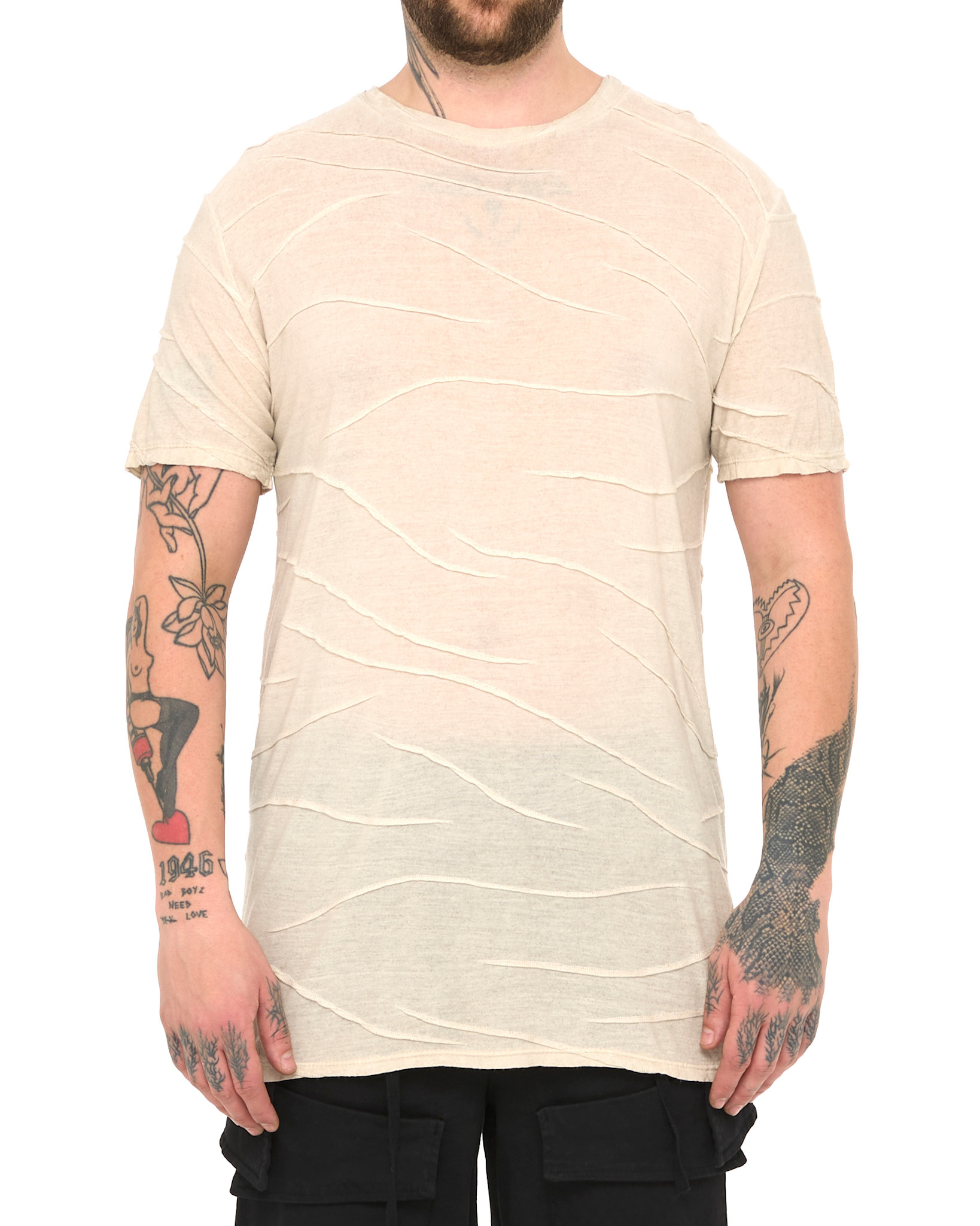 VISCOSE PLISSE DETAIL T-SHIRT - BEIGE