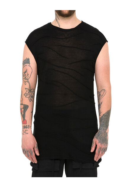 LA HAINE INSIDE US VISCOSE PLISSE DETAIL CUT-OFF T-SHIRT