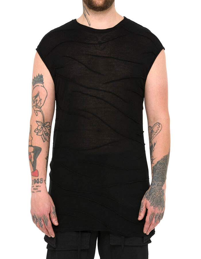 LA HAINE INSIDE US VISCOSE PLISSE DETAIL CUT-OFF T-SHIRT